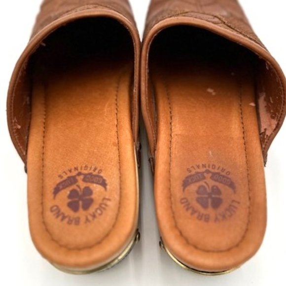Lucky Brand Brown Suede Leather Peace Sign Wooden Clogs - Picture 7 of 7